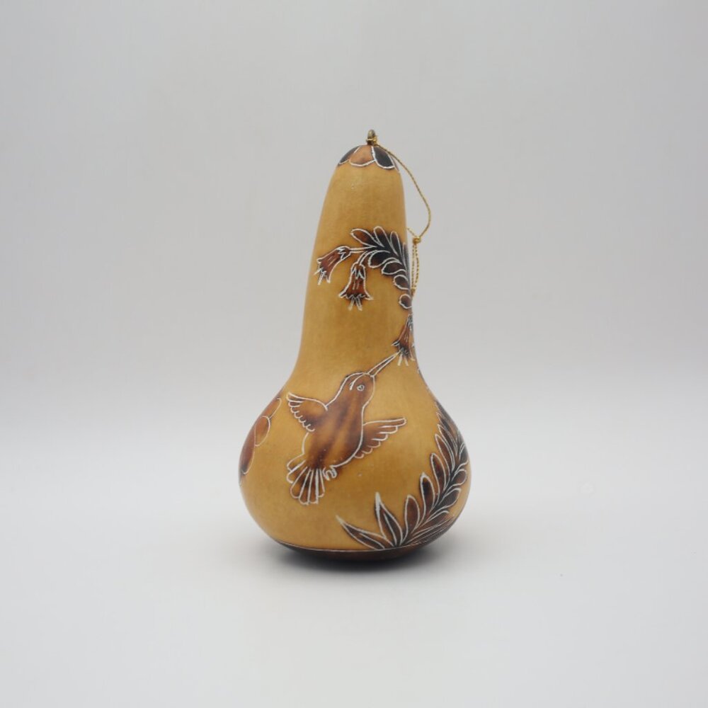 Peruvian Folk Art Hand Carved Gourd Floral and Hummingbird Hanging Ornament
